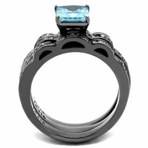 Stainless Steel Dark Gunmetal Aquamarine Blue CZ Princess Ring view 5