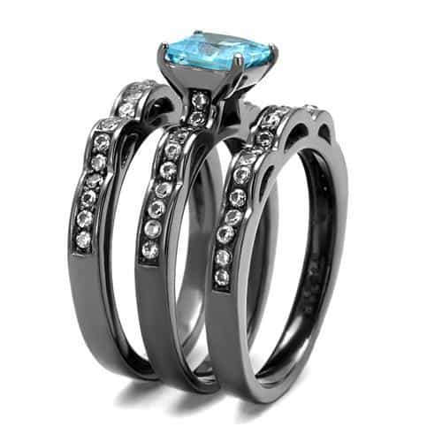 Stainless Steel Dark Gunmetal Aquamarine Blue CZ Princess Ring view 7