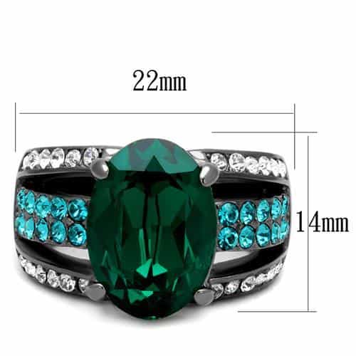 Stainless Steel Dark Gunmetal Emerald Green Oval CZ Ring view 3