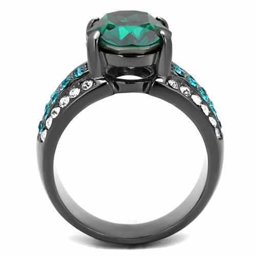 Stainless Steel Dark Gunmetal Emerald Green Oval CZ Ring view 5