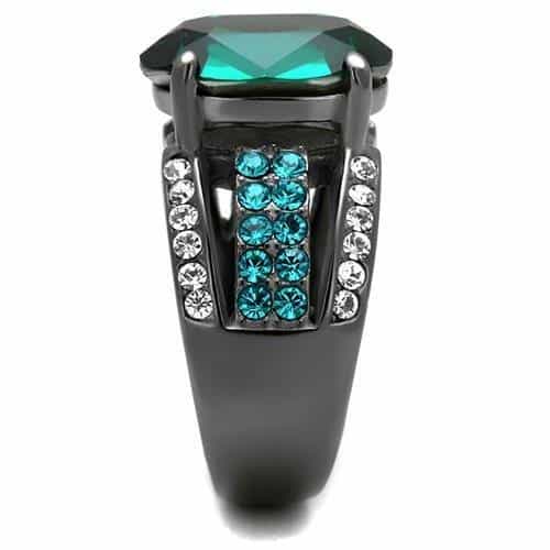 Stainless Steel Dark Gunmetal Emerald Green Oval CZ Ring view 7
