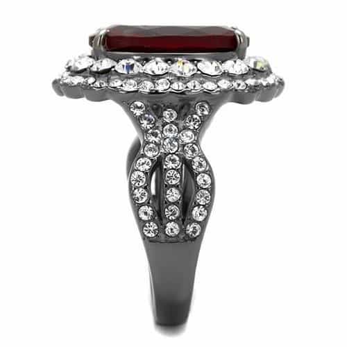Stainless Steel Red Garnet Oval CZ Double Halo Pave Cocktail Ring view 7
