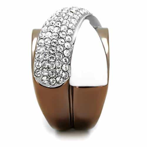 Stainless Steel Two Tone Coffee Brown White Crystal Pave Ring view 7