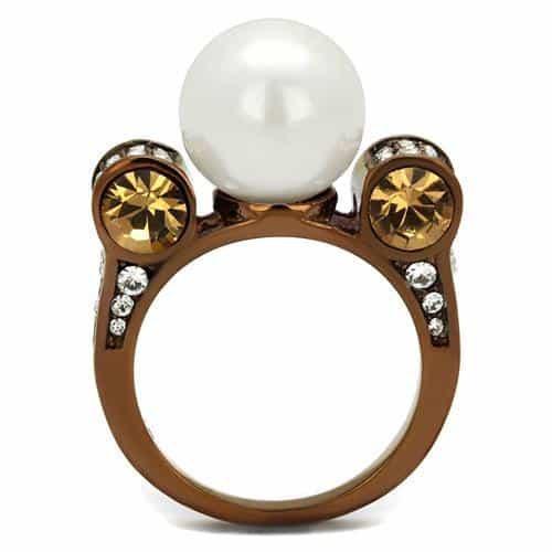 Stainless Steel Coffee Brown IP White Pearl Champagne CZ Bow Ring view 5