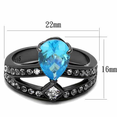 Stainless Steel Dark Gunmetal Aquamarine Pear CZ Pave V Ring view 3