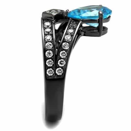 Stainless Steel Dark Gunmetal Aquamarine Pear CZ Pave V Ring view 7