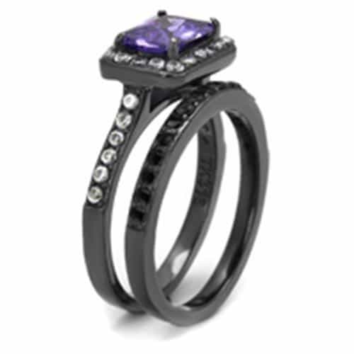 Stainless Steel Dark Gunmetal Tanzanite Purple CZ Emerald Ring view 7