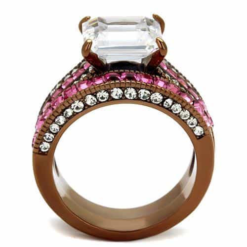 Stainless Steel Coffee Brown IP CZ Emerald Cut Pink Channel Ring view 5