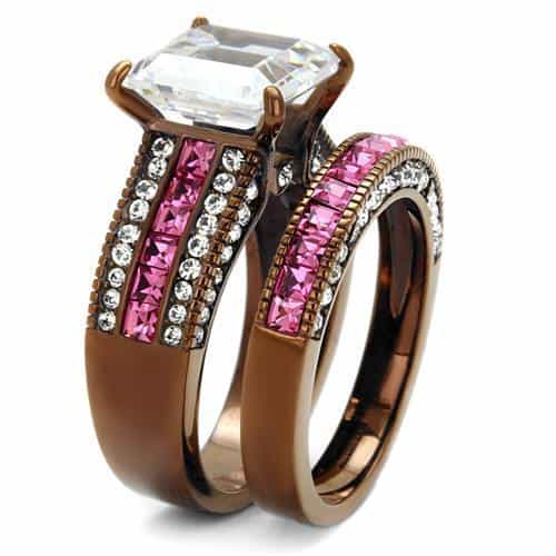 Stainless Steel Coffee Brown IP CZ Emerald Cut Pink Channel Ring view 7