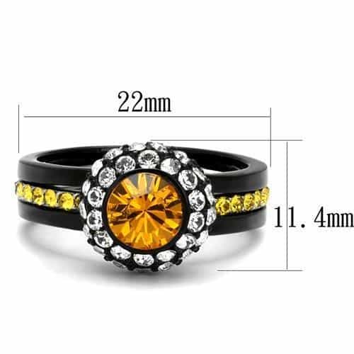Stainless Steel Black IP Topaz Orange CZ Round Halo Yellow Ring view 3