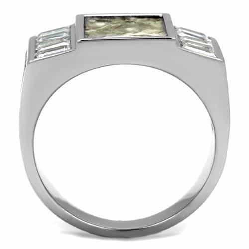 Stainless Steel Marble Gray Resin CZ Baguette Square Signet Ring view 5