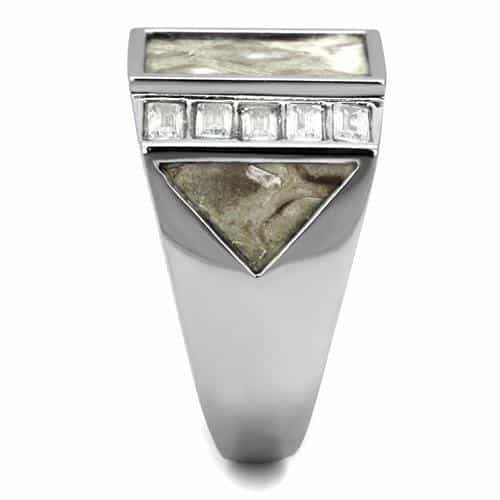 Stainless Steel Marble Gray Resin CZ Baguette Square Signet Ring view 7
