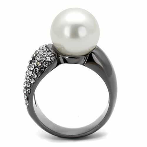 Stainless Steel Dark Gunmetal White Pearl CZ Pave Bypass Ring view 5