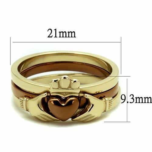 Stainless Steel Gold IP Claddagh Heart Crown Bridal Stack Ring view 3