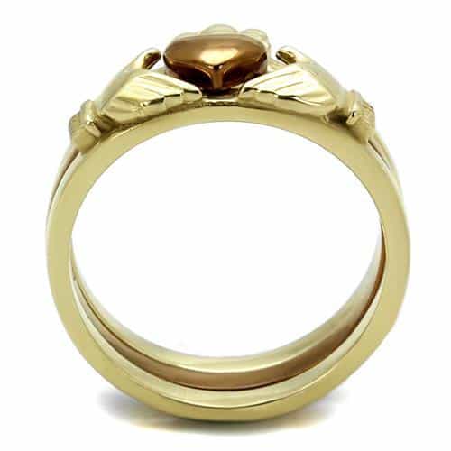 Stainless Steel Gold IP Claddagh Heart Crown Bridal Stack Ring view 5