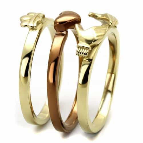 Stainless Steel Gold IP Claddagh Heart Crown Bridal Stack Ring view 7