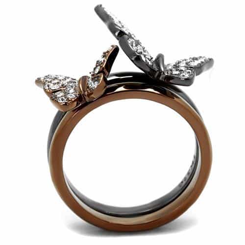 Stainless Steel Two Tone Coffee Brown Rose Gold CZ Butterfly Ring view 5
