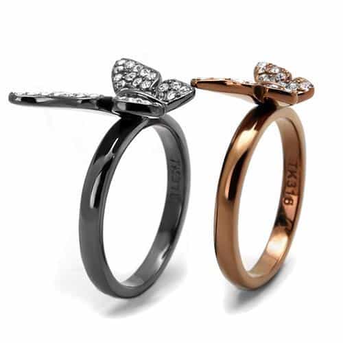 Stainless Steel Two Tone Coffee Brown Rose Gold CZ Butterfly Ring view 7