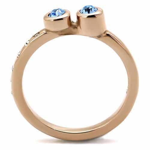 Stainless Steel Rose Gold IP Aquamarine Blue CZ Double Bezel Ring view 5