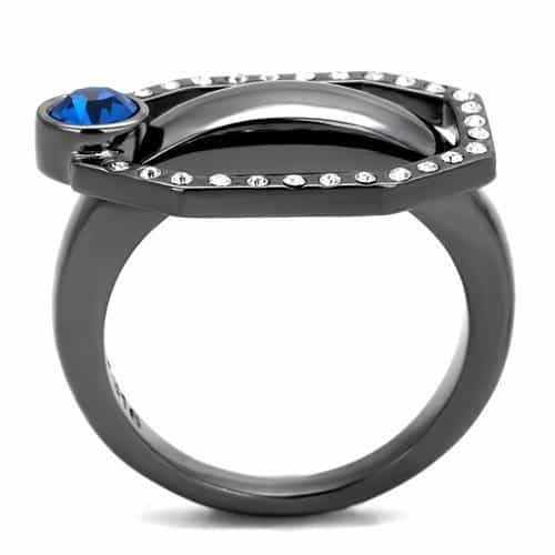 Stainless Steel Dark Gunmetal Blue Sapphire CZ Oval Triangle Ring view 5