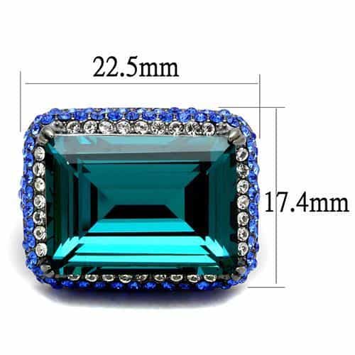 Stainless Steel Blue Zircon Emerald Cut Crystal Pave Wide Ring view 3