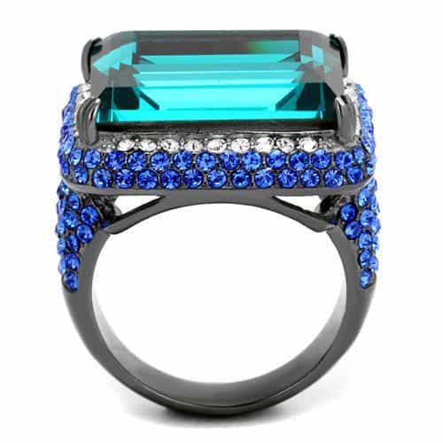 Stainless Steel Blue Zircon Emerald Cut Crystal Pave Wide Ring view 5