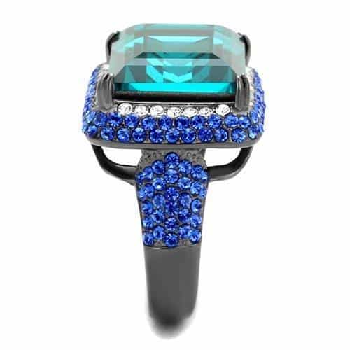 Stainless Steel Blue Zircon Emerald Cut Crystal Pave Wide Ring view 7
