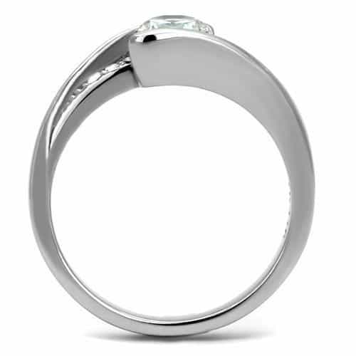 Stainless Steel CZ Round Bezel Set Bypass Solitaire Ring view 5