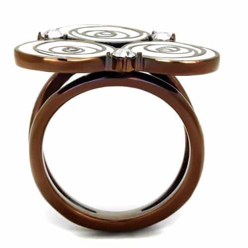 Stainless Steel Coffee Brown IP White Enamel Swirl Rose CZ Ring view 5