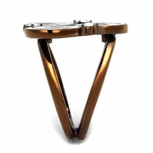 Stainless Steel Coffee Brown IP White Enamel Swirl Rose CZ Ring view 7