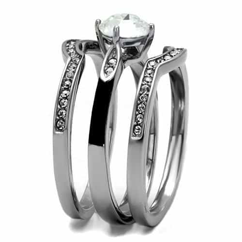 Stainless Steel CZ Round Pave Leaf Vine Bridal Stack Ring view 7