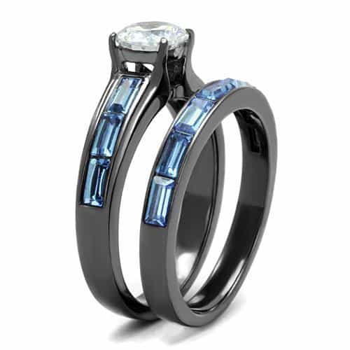 Stainless Steel Dark Gunmetal Light Blue CZ Baguette Channel Ring view 7