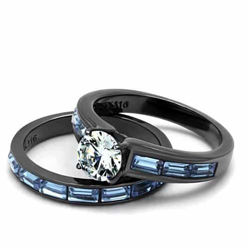 Stainless Steel Dark Gunmetal Light Blue CZ Baguette Channel Ring view 9