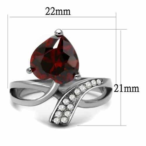 Stainless Steel Red Garnet CZ Heart Pave Bypass Solitaire Ring view 3
