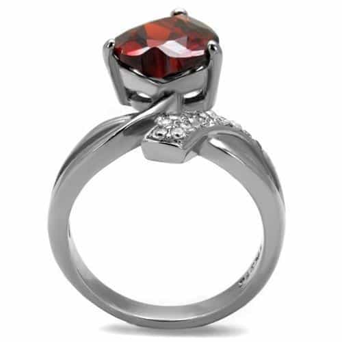 Stainless Steel Red Garnet CZ Heart Pave Bypass Solitaire Ring view 5