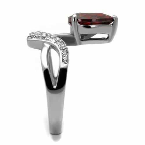 Stainless Steel Red Garnet CZ Heart Pave Bypass Solitaire Ring view 9