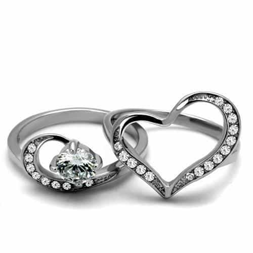 Stainless Steel CZ Round Pave Heart Open Bridal Ring view 9
