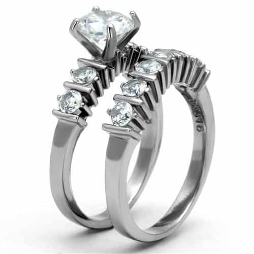 Stainless Steel CZ Round Princess Baguette Bridal Stack Ring view 7