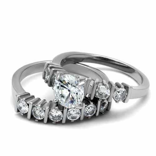 Stainless Steel CZ Round Princess Baguette Bridal Stack Ring view 9