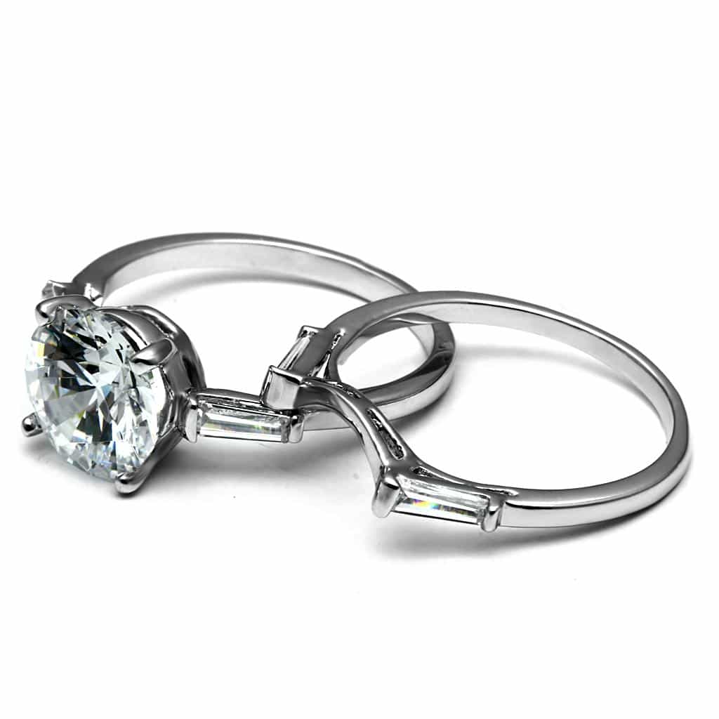 Stainless Steel CZ Round Baguette Halo Pave Bridal Stack Ring view 7