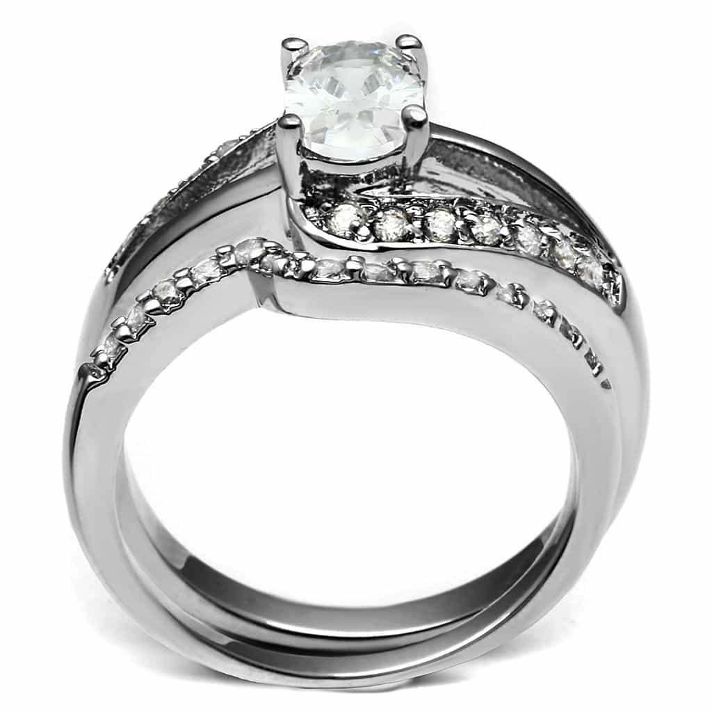 Stainless Steel CZ Round Pave Chevron Wave Bridal Ring view 5