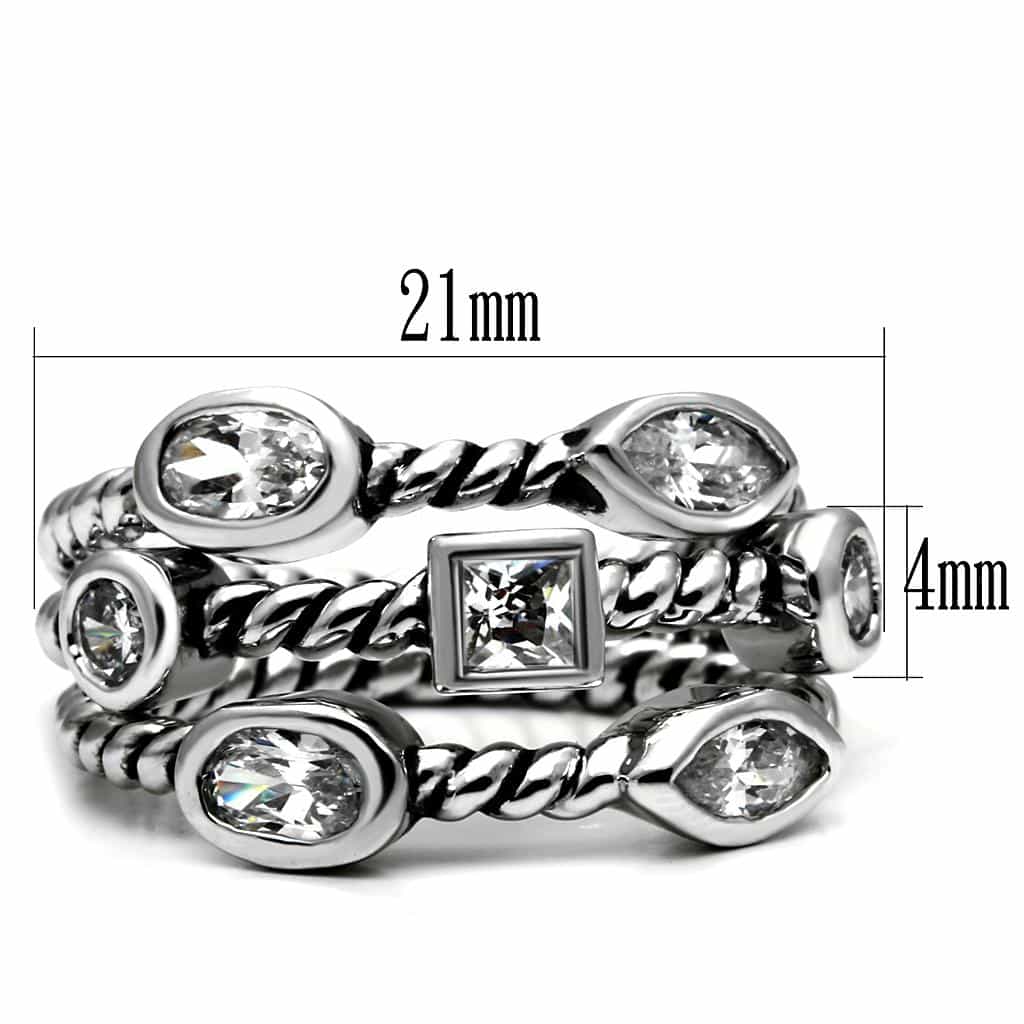 Stainless Steel CZ Multi Shape Bezel Twisted Rope Stack Ring view 3