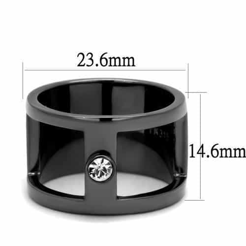 Stainless Steel Dark Gunmetal CZ Bezel Open Cutout Wide Cuff Ring view 3