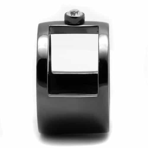 Stainless Steel Dark Gunmetal CZ Bezel Open Cutout Wide Cuff Ring view 7