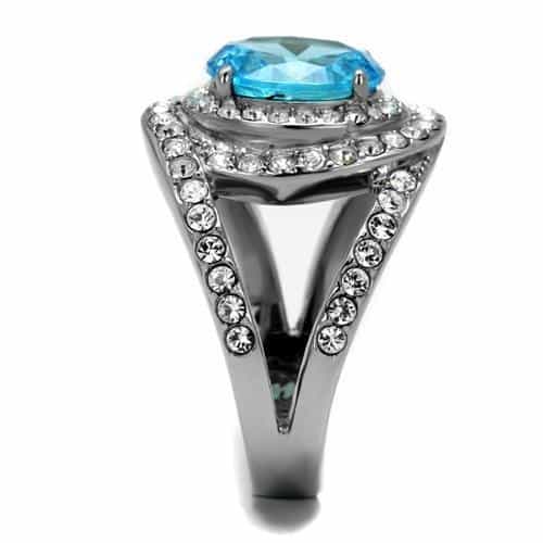 Stainless Steel Aquamarine Blue CZ Cushion Double Halo Pave Ring view 7