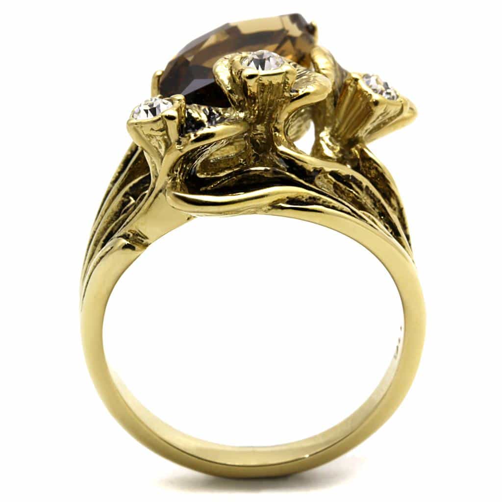 Stainless Steel Gold IP Smoky Brown Crystal Marquise CZ Ring view 5