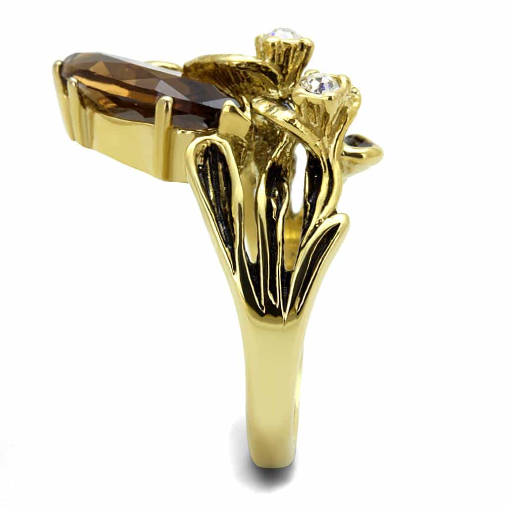 Stainless Steel Gold IP Smoky Brown Crystal Marquise CZ Ring view 7
