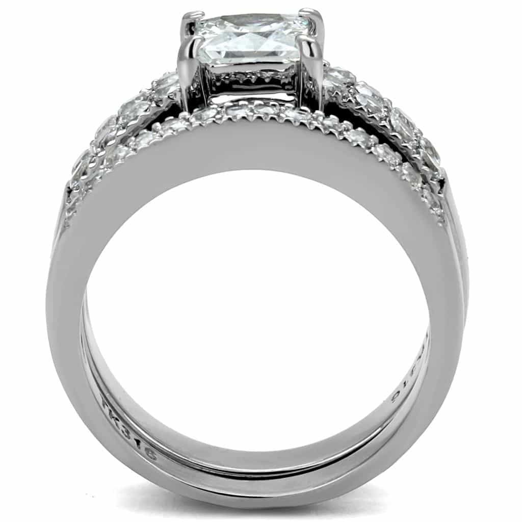 Stainless Steel CZ Princess Cut Pave Wide Bridal Stack Ring view 5
