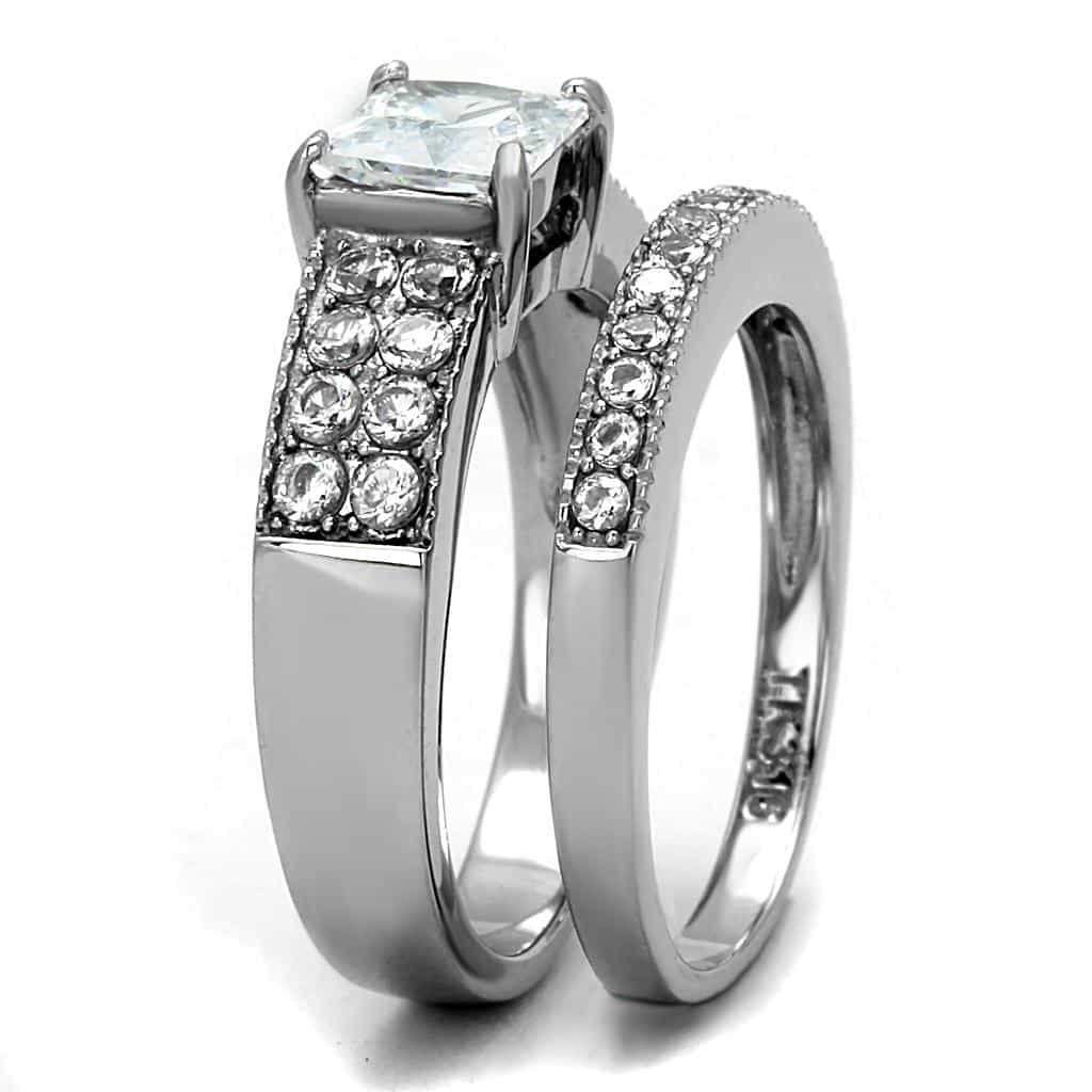Stainless Steel CZ Princess Cut Pave Wide Bridal Stack Ring view 7