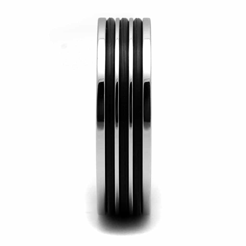 Stainless Steel Black IP Triple Stripe Grooved Band Ring view 7